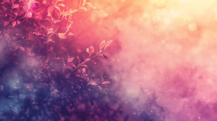 Wall Mural - Blurred glowing pink and purple background with a branch of a tree in the foreground.