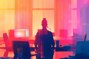 Poster - an abstract image of an office worker doing a meditation session at their workstation, surrounded by