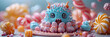 A whimsical monster resembling a dessert stands,
A cupcake with pink frosting and candy