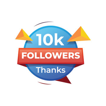10k followers label badge with blue and red color theme. Vector artwork isolated on a white background. EPS 10 editable file.