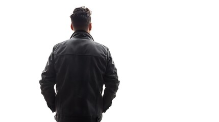 A man in a leather jacket stands with his hands in his pockets, looking out at the view. He is wearing a black leather jacket.