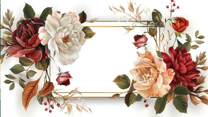 Wall Mural - Floral wreath with leaves for wedding boarder frame with white copy space background watercolour style