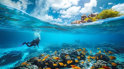 Scuba diver near colorful coral reef and lot of fish in the sea of tropical island AI generated