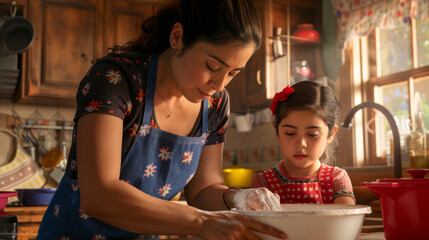 Poster - A woman and a young girl are smiling while mixing ingredients in a bowl in a sunlit kitchen.