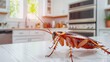 a cockroach crawling on a white kitchen counter, depicting a hygiene concern in a domestic setting. Generative AI