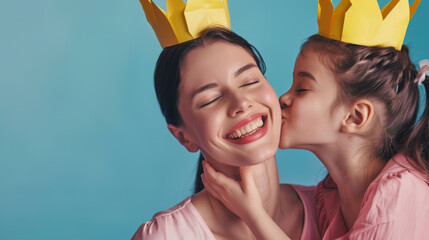 Canvas Print - A mother and daughter wearing paper crowns share a joyful moment.