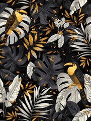  A wallpaper featuring a black background adorned with gold tropical motifs of birds and leaves