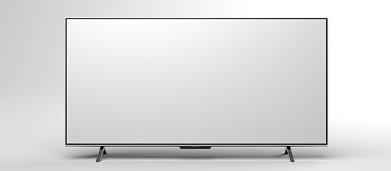 Poster - A rectangle white display device, computer monitor accessory, made of aluminium and metal, with symmetry. It is a multimedia output device, a laptop part, sitting on a white surface