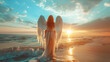 © Martinesku - Walking angel by the sea looking into beautiful sunrise. Silhouette back view of mysterious long-hair girl at sunrise. Bright divine sunlight.