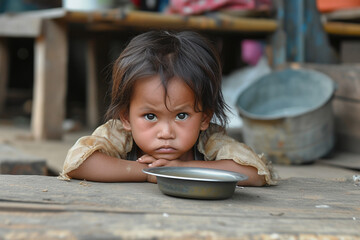 Hungry, starving, poor little child looking at the camera
