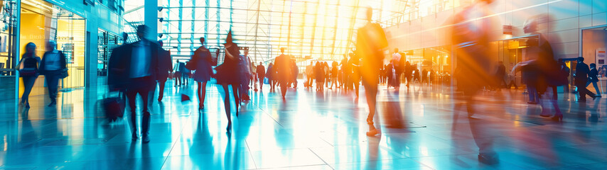 Blurred people walking at a metro station, airport, trade fair, conference or modern hall