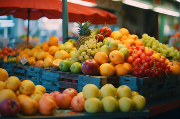 A vibrant selection of various fruits piled high in wooden crates, focusing on fresh market produce and natural colors