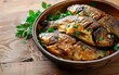 A trio of grilled fish garnished with fresh parsley, arranged in a rustic ceramic bowl, captures the essence of simple yet delicious home-cooked meals for stock photos.