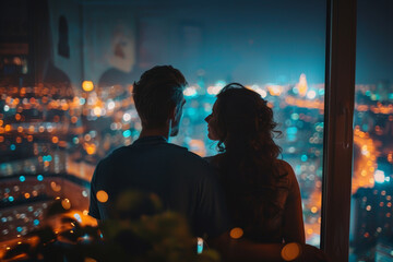 Wall Mural - A couple is looking out a window at the city lights