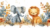 Fototapeta Dziecięca - The nursery decor is filled with safari animals watercolor illustrations including a baby elephant, a lion, and tropical jungle foliage.