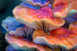 Closeup of colorful mushroom lamellae, magic mushroom, macro view, strong psychedelic colors. Decorative, psychic background and design pattern, wallpaper, poster.