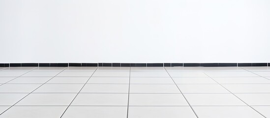 Wall Mural - A simple interior featuring a clean white tile floor with a neat black border paired with a plain white wall