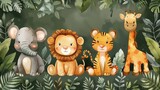 Fototapeta Dziecięca - Illustration of safari animals with a baby elephant, lion, tiger, zebra, rhinoceros, and giraffe in watercolor.