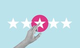 Fototapeta  - Contemporary collage of hand hold five-star icon rating