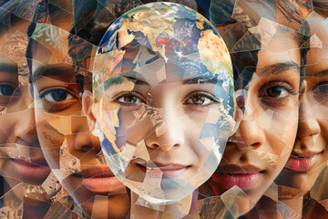 Poster - A collage of faces with a globe in the middle