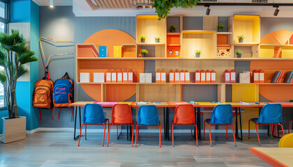 Interior of stylish empty classroom with backpacks and stationery