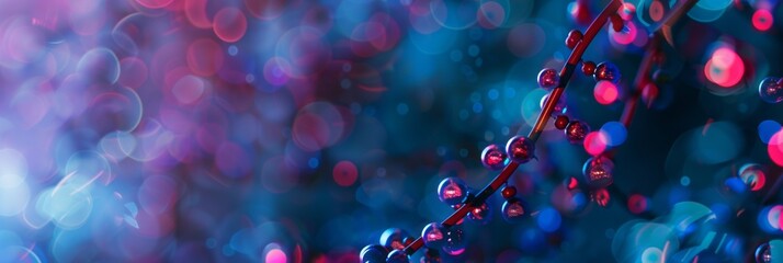 Abstract DNA structure on a blurred background with bright elements, Deoxyribonucleic acid macromolecule, banner