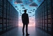 Silhouette of a person stands in a futuristic data center. Clouds and servers symbolize connectivity and data flow.