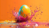 Fototapeta Panele - easter egg in a color explosion or splash on orange background
