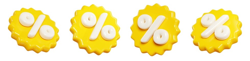 Wall Mural - Yellow starburst sticker with percent sign floating in air. 3D render illustration