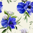 Seamless watercolor flowers pattern - white roses, blue anemones, green tropical leaves branches on beige background. Botanic Template design for wrappers, wallpapers, greeting cards, invites, events.