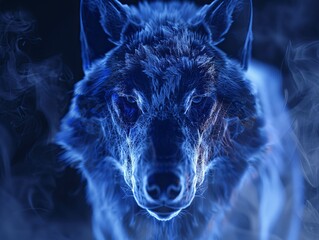 Wall Mural - Close-up of a wolf's muzzle in grid style. Polygonal computer-generated image. Animal with face recognition grid. Illustration for cover, card, interior design, poster, brochure or presentation.