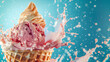 Fresh ice cream with flying sprinkles on coloured background advertising photo