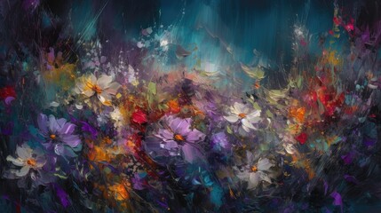 Poster - Abstract painting of flowers on a dark background.