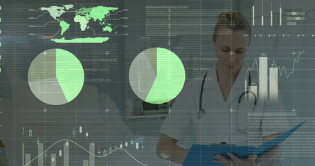 Poster - Image of data processing over caucasian female doctor with file