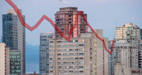 Poster - Image of red line and financial data processing over buildings