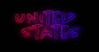 Digital image of blue and red gradient United States text while pink fireworks explodes against a bl