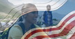Image of american flag over african american couple smiling in mountains