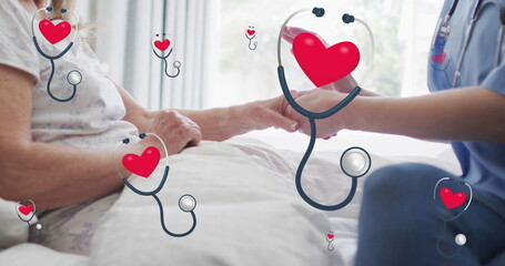 Wall Mural - Image of sthetoscope with heart over caucasian nurse and patient