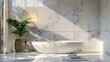 An elegantly styled bathroom showcasing marble panels, equipped with a bathtub, towels, and personal accessories, reflecting a modern glam design with a skylight