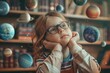 A young child with glasses imagines a space scene with planets orbiting around in a home library setting.