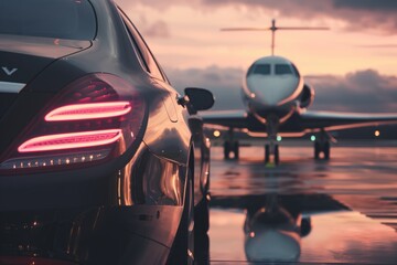 Luxury black car standing next to a private black jet at the landing strip of an airport