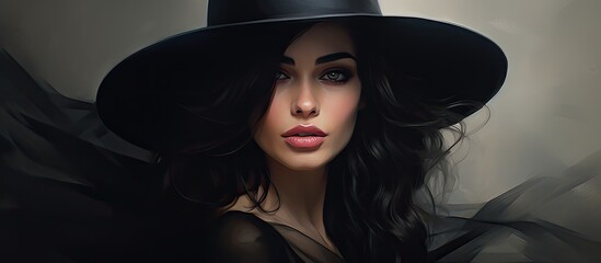 Wall Mural - The woman is donning a stylish black hat and dress, her hair perfectly layered. The flash photography captures her electric blue eyelashes and the darkness accentuates her fashion accessories