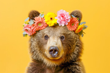 brown bear with a colorful flower crown looking curiously at the camera on a bright yellow backgroun