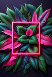Fototapeta Miasta - Abstract tropical foliage background with pink neon shape