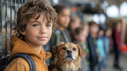 A boy with a dog standing in front of a doghouse at an animal shelter with a group of children in the background. The concept of information and education for design and printing