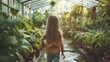 A high-definition, candid shot capturing the innocence and wonder of a girl exploring a greenhouse during the onset of spring