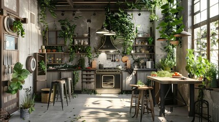 Wall Mural - An interior kitchen scene decorated with greenery, creating a homely and decorative atmosphere