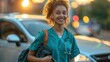 A nurse wearing scrubs, carrying her bag, smiling with relief as she approaches her car parked under a soft streetlight.
