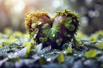 Wall Mural - Earth Day theme heart-shaped stone covered with moss and surrounded by fresh green leaves