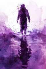 Wall Mural - Purple splash watercolor of Jesus Christ walking on water